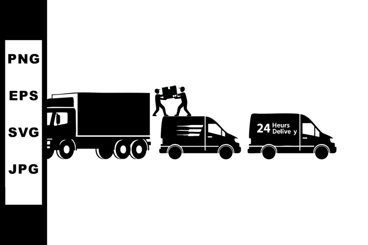 Delivery Trucks and Courier Van with Workers Unloading Boxes