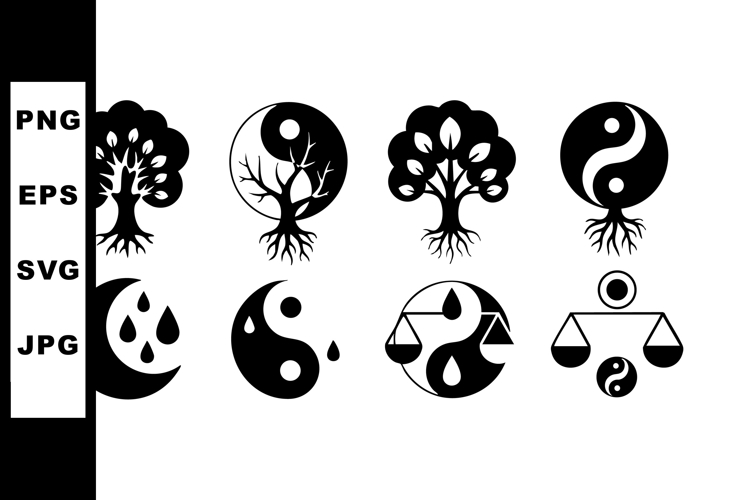 Black White Yin Yang Tree Balance Symbols Vector Set