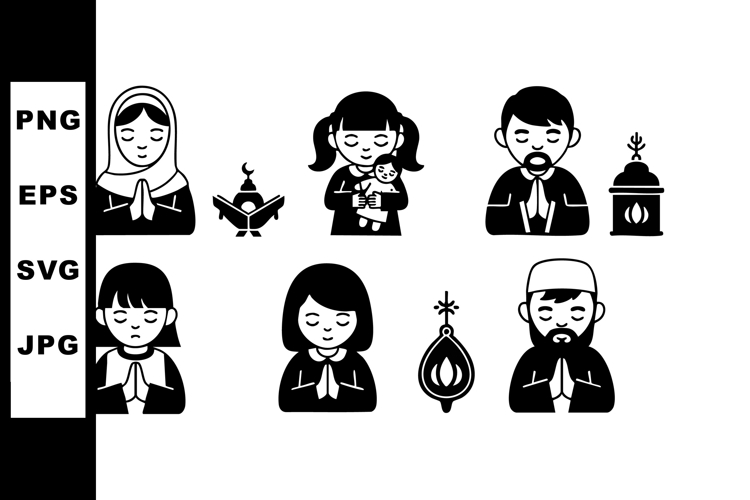 Diverse Praying People with Religious Symbols Vector