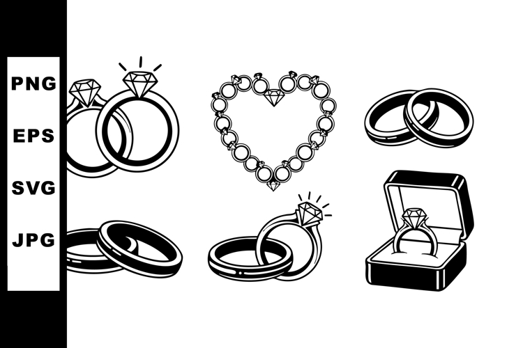Wedding Rings and Heart Diamond Jewelry Vector Set