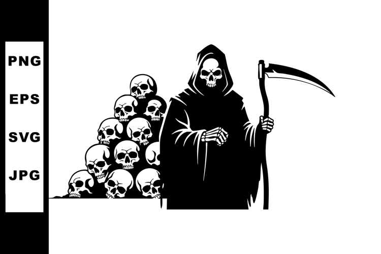 Grim Reaper Holding Scythe with Skull Pile Vector