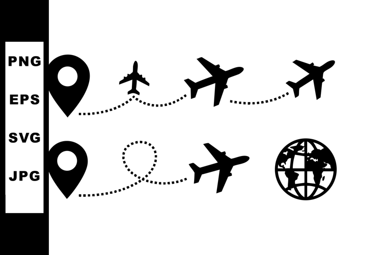 Airplane Route Icons with Location Markers and Globe