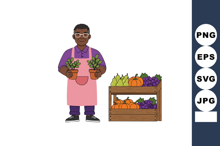 Man holding potted plants standing next to wooden crate with