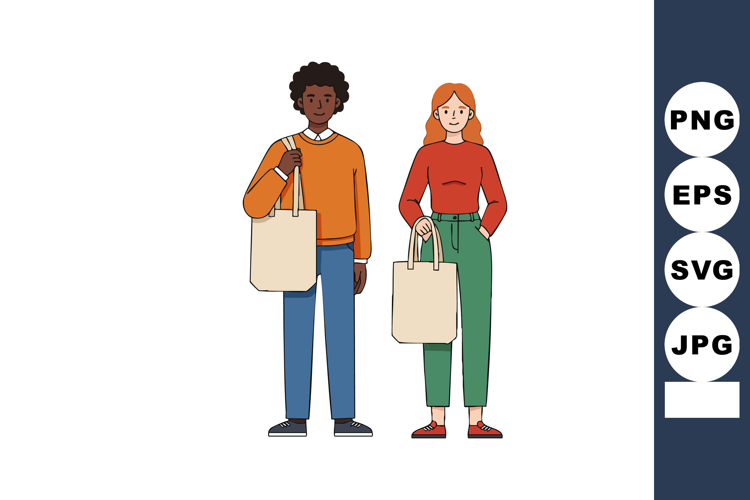 Young man and woman holding reusable shopping bags eco frien