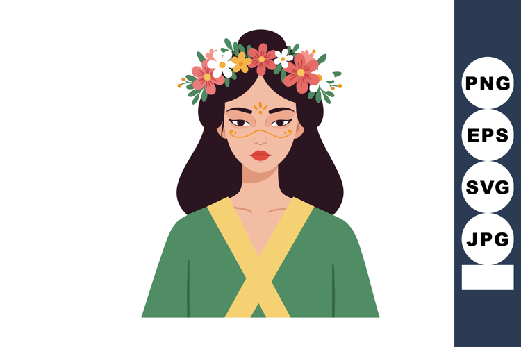 Woman wearing floral crown with yellow and green clothing ve