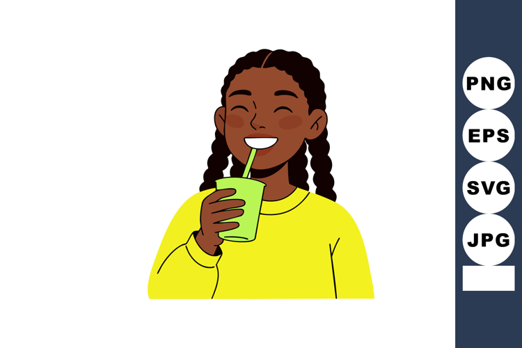 Happy young woman drinking juice with straw smiling in yello