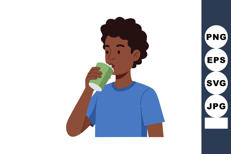Young person drinking from green cup wearing blue shirt vect