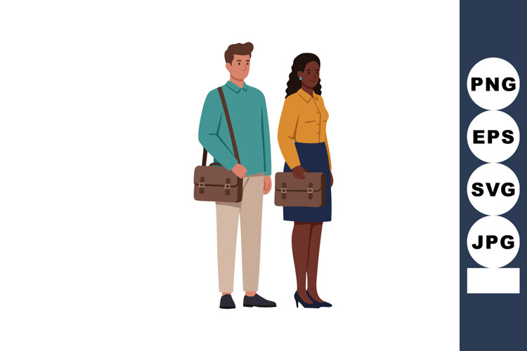 Young professional man and woman standing with briefcases in example image 1