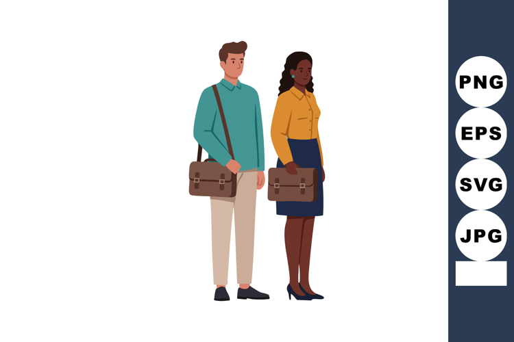 Young professional man and woman standing with briefcases in
