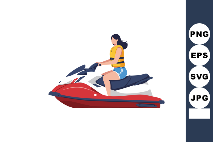 Woman riding red and white jet ski wearing life jacket summe
