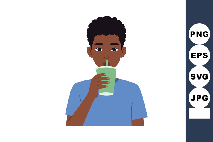 Young man drinking green smoothie from cup with straw in cas