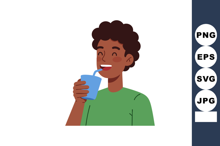 Young man drinking water from blue cup with straw happy and
