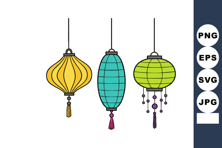 Decorative yellow blue green hanging lanterns vector illustr