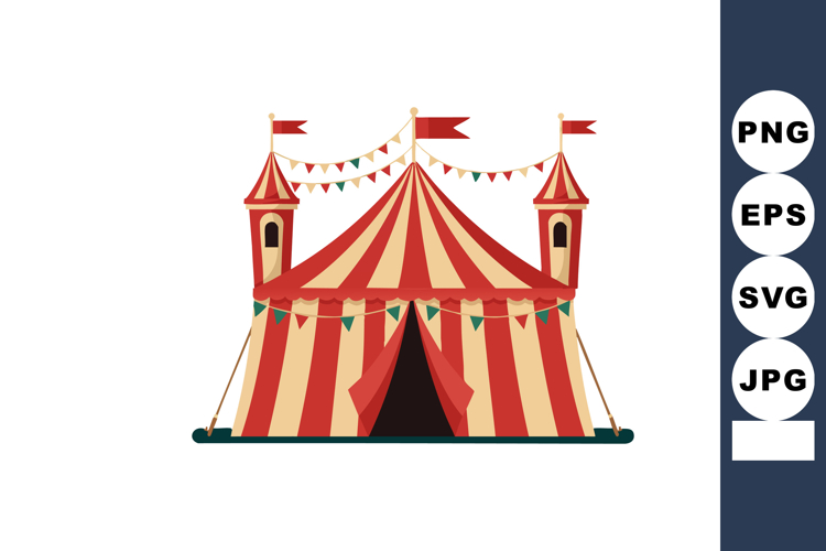 Circus tent with red and beige stripes and flags on poles fe