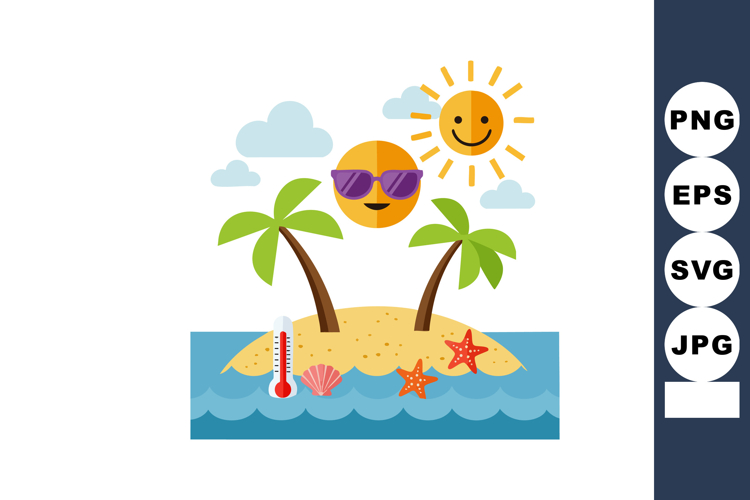 Smiling sun with sunglasses and tropical island summer heat