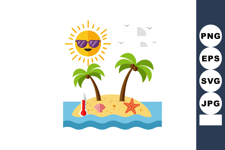 Sunny tropical island with palm trees and smiling sun wearin
