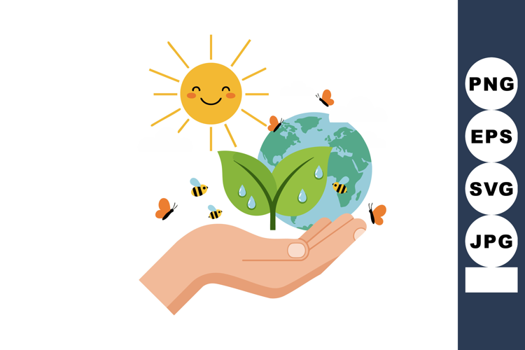 Hand Holding Green Leaves Earth with Bees Butterflies and Sm