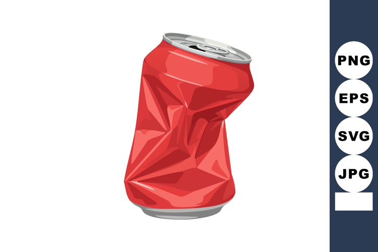 Crushed red aluminum can vector illustration with metallic t