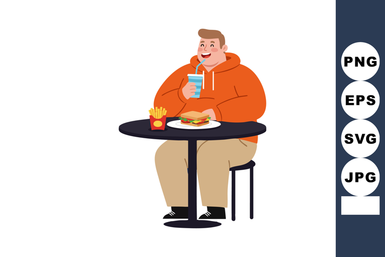 Man in orange hoodie eating sandwich and drinking soda at ta