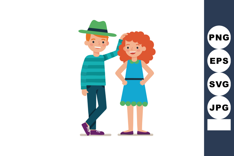 Boy wearing green hat and striped shirt with smiling girl in