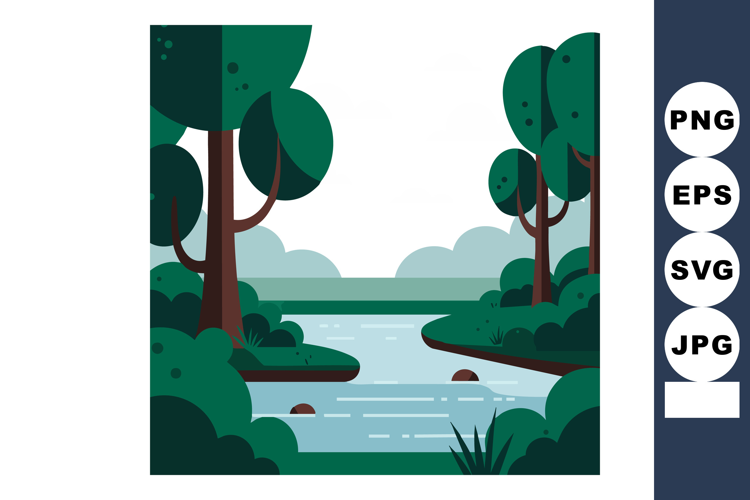 River landscape with green trees and bushes in peaceful natu