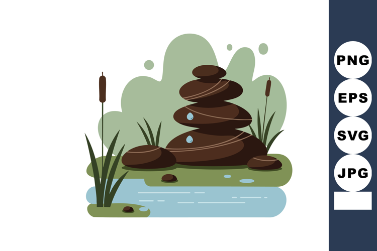Balanced stones with water drops near pond and green plants