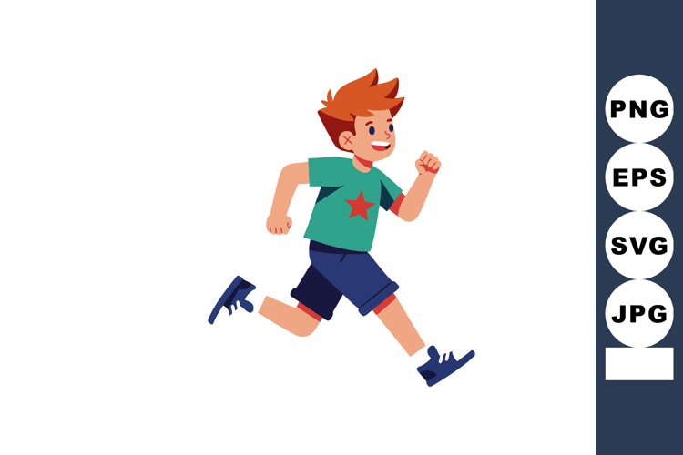 Young boy running joyfully in casual clothes with star on sh