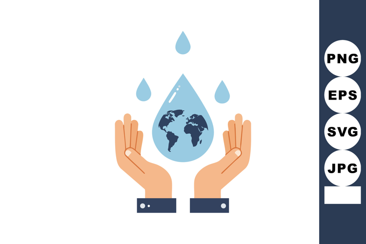 Hands Protecting Water Drop with Earth Globe Inside Blue Wat