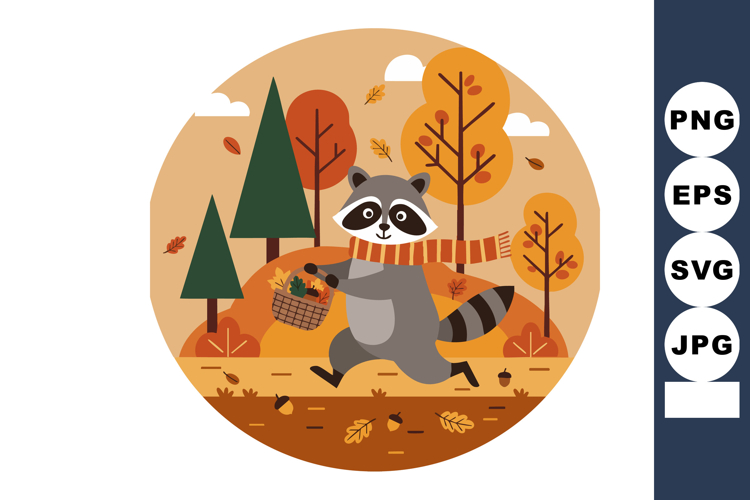 Raccoon walking with basket in autumn forest with orange and