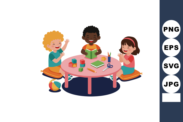Children learning and playing together around pink table wit