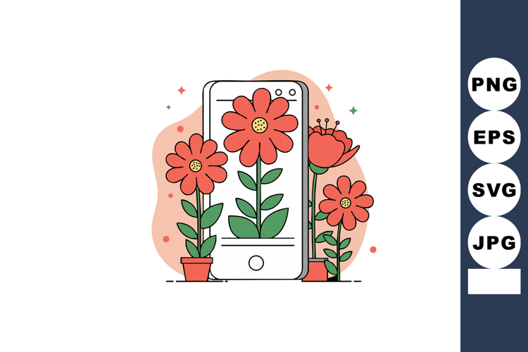 Red Flowers Growing with Green Leaves and Smartphone Digital