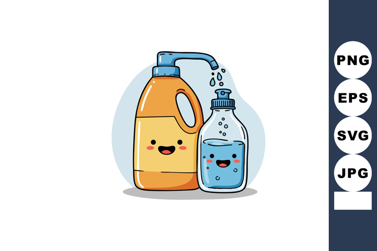Cute cartoon orange detergent bottle and blue liquid soap di