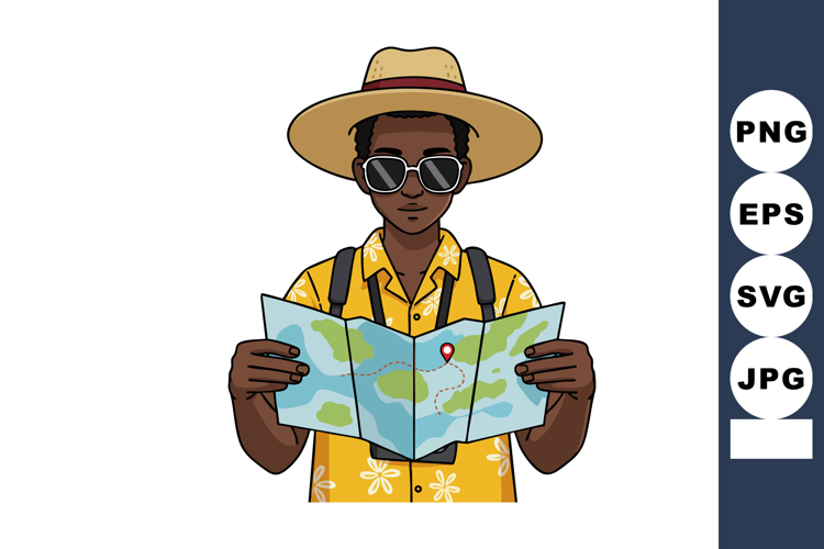 Man in yellow shirt wearing sunglasses and hat reading map f