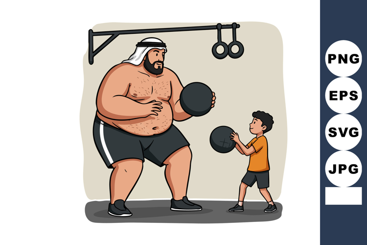 Man and child exercising with medicine balls in gym fitness