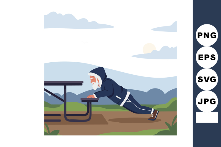 Elderly man doing incline push ups using park bench outdoor