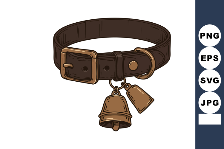 Brown leather dog collar with golden metal buckle and bells