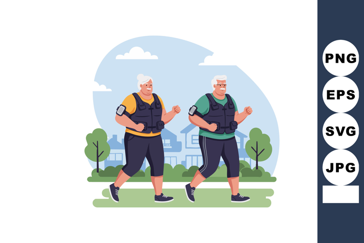 Senior couple walking outdoors in casual sportswear and fitn example image 1