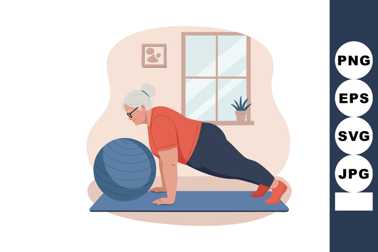 Senior woman exercising with fitness ball indoors for health