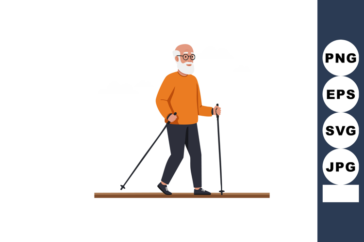 Elderly man walking with trekking poles in casual orange swe