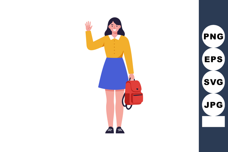 Woman waving hand holding red backpack in yellow blouse and example image 1
