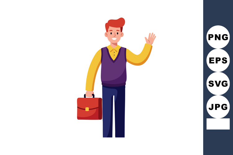 Young man waving hand holding briefcase business casual vect