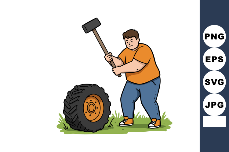 Man wearing orange shirt and blue jeans hitting tire with sl example image 1