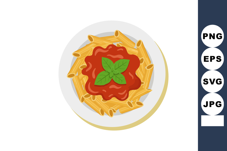Plate of pasta with tomato sauce and basil leaves top view v