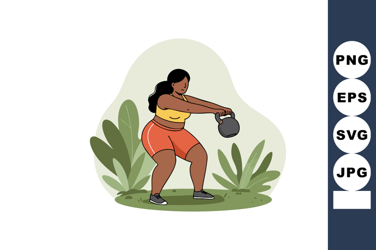 Woman exercising with kettlebell in outdoor garden fitness w