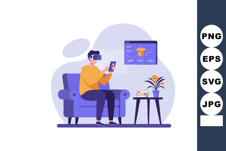 Man Using Virtual Reality Headset for Online Education Learn