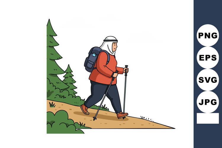 Elderly man hiking with backpack and walking sticks on fores