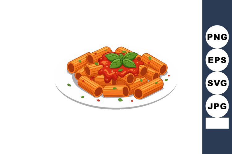 Rigatoni pasta with tomato sauce and basil leaves on white p