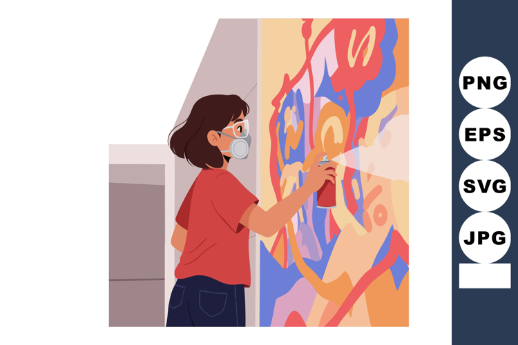 Woman artist creating colorful street art mural with spray p