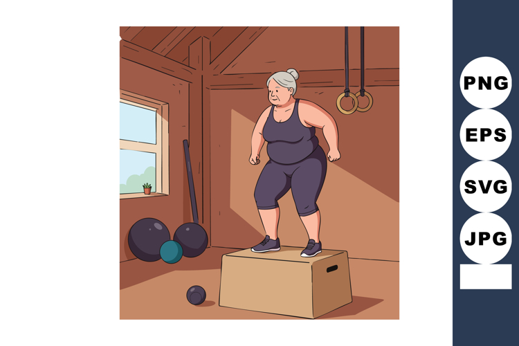 Senior woman exercising on plyometric box in home gym for fi