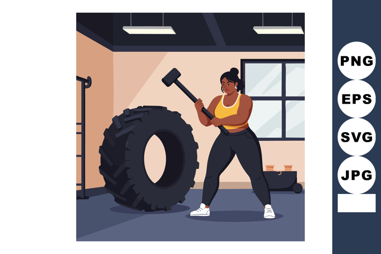 Woman Exercising with Sledgehammer and Large Tire in Gym Fit example image 1